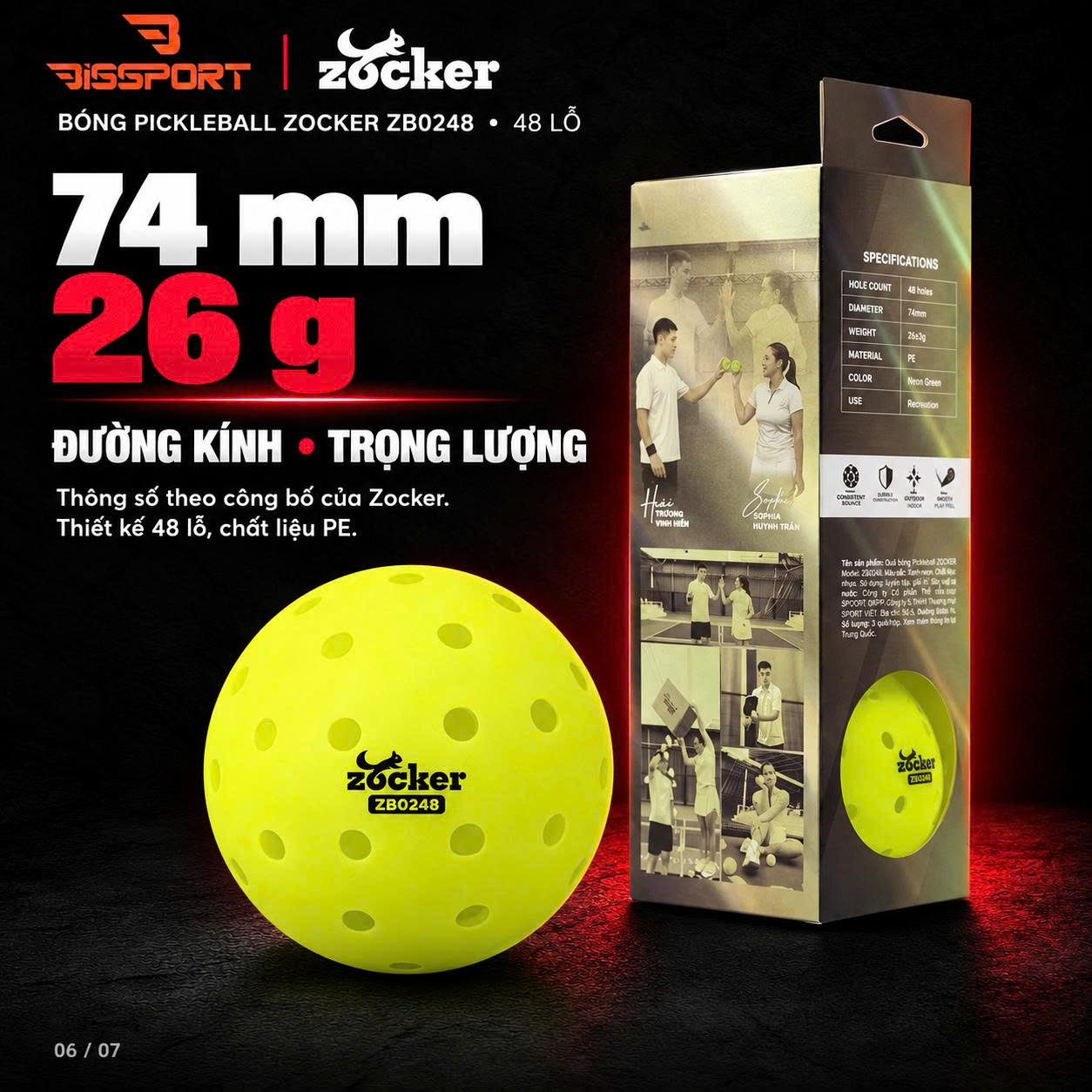 Quả Bóng Pickleball Zocker ZB0248 Chính Hãng - Độ Bền Ổn Định - Đường Bay Chuẩn - Cảm Giác Đánh Chắc Tay - 48 Lỗ